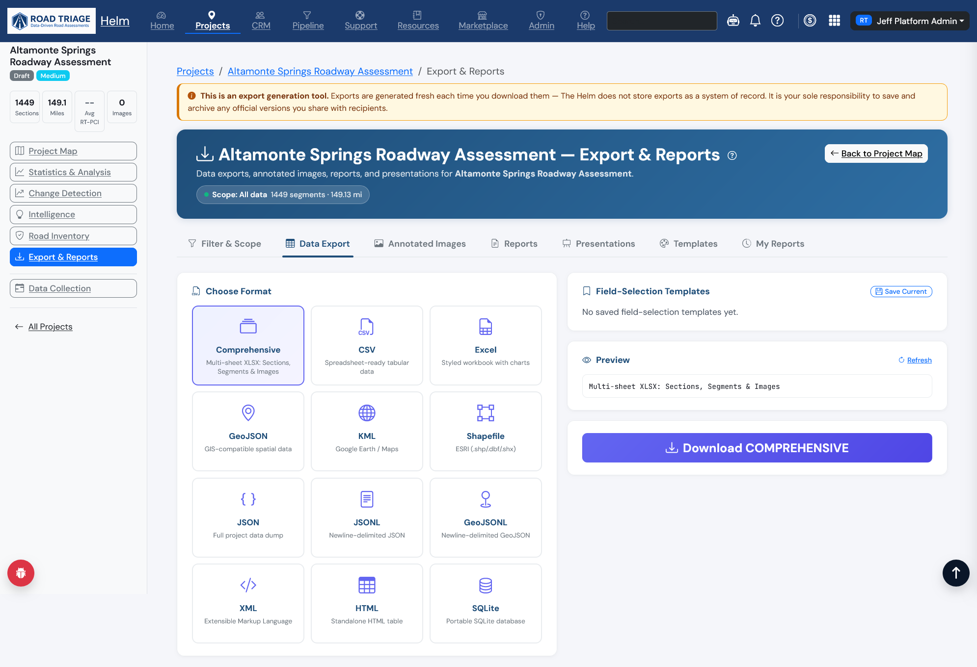 Helm Reports panel — PDF, Word, and PowerPoint generation with templates and field selection