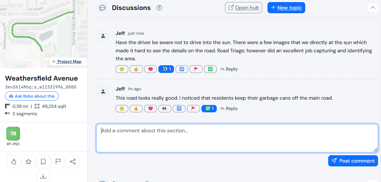 A section's Discussions panel anchored inline beneath the section info — two comments on Weathersfield Avenue, reactions, an Add-a-comment field, and an Open hub button